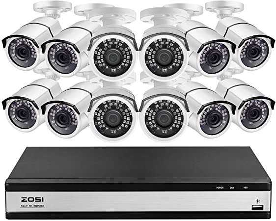 ZOSI H.265  1080p 16 Channel Home Security Camera System,16 Channel DVR Recorder and 12 x 1080p CCTV Bullet Camera Outdoor Indoor with 120ft Night Vision and 105°Wide Angle (No Hard Drive Included)