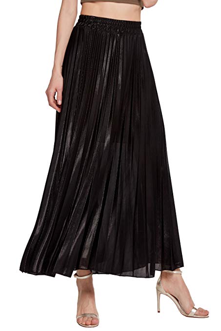 Chartou Women's Premium Metallic Shiny Shimmer Accordion Pleated Long Maxi Skirt