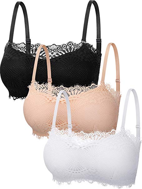 Boao 3 Pieces Women Lace Tube Top Bra Padded Wirefree Bralette with Adjustable Detachable Straps