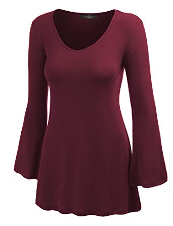 Lock and Love LL Womens Solid/Dip Dye V Neck Long Bell Sleeves Tunic Top Blouse - Made in USA