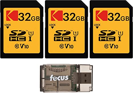 Kodak 32GB Class 10 UHS-I U1 SDHC Memory Card (3-Pack) with Focus All-in-One USB Card Reader Bundle (4 Items)