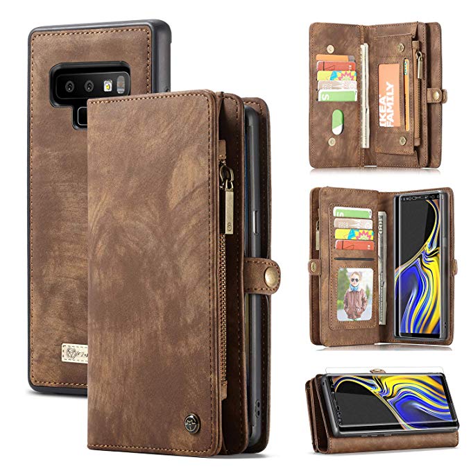 Galaxy Note 9 Wallet Case,Zttopo Handmade Premium Leather Zipper Magnetic Closure Detachable Magnetic Wallet Case with Free Screen Protector for Samsung Galaxy Note 9-Brown