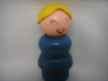 Fisher Price Little People Replacement Figure Wooden Vintage Woman Yellow Hair Blue Base