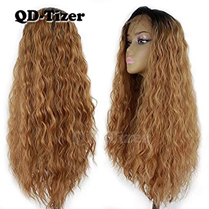 QD-Tizer Ombre Blonde Loose Curly Synthetic Lace Front Wigs with Baby Hair Dark Roots Heat Resistant #1/#27 Long Curly Wigs