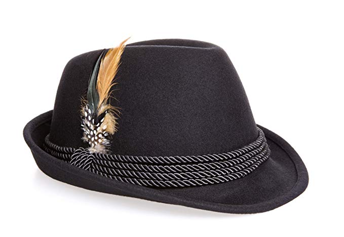 Holiday Oktoberfest Wool Bavarian Alpine Hat - Black Color, Large (7 3/8" - 7 1/2")