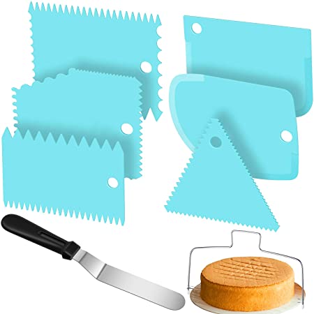 Cake Smoothing Tool Set, Including 6 Pieces Cake Scraper Smoothers, 9 Inch Icing Spatula and Double Wire Cake Slicer Leveler