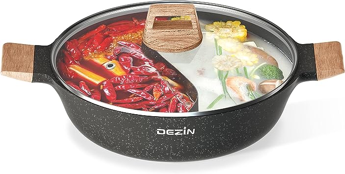 Dezin 5-QT Double-flavor Shabu Shabu Pot with Divider, Dual Sided Nonstick Hot Pot, 12 Inch Divided Hotpot Pot for Induction Cooktop, Gas Stove & Hot Burner, Soup Ladle Included