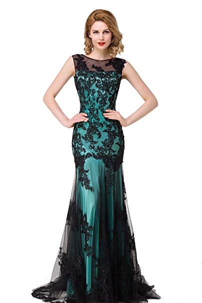 Babyonlinedress Scoop Neck Mermaid Black Lace Applique Evening Prom Dress