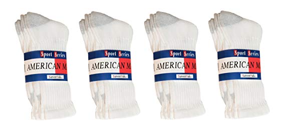 $averPak American Made Cotton Blend Athletic Crew Socks White or White with Grey Heel and Toe (3 Pair Per Band)