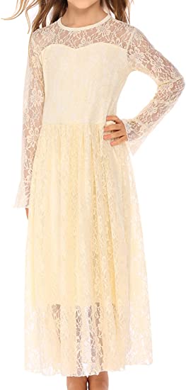 Arshiner Lace Flower Girl Maxi Dress Long Sleeve Wedding Party Princess Boho Gowns