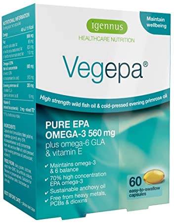 Vegepa Omega-3-6 Essential Fatty Acids, Wild Fish Oil & Evening Primrose Oil, 560mg EPA Omega-3 per Serving, 60 Capsules