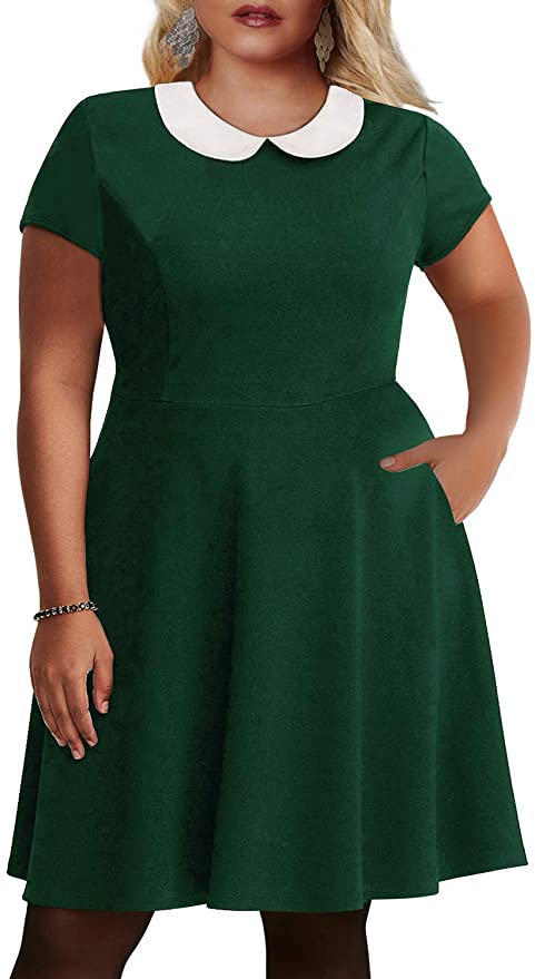Nemidor Women's Peter Pan Collar Fit and Flare Plus Size Skater Party Dress