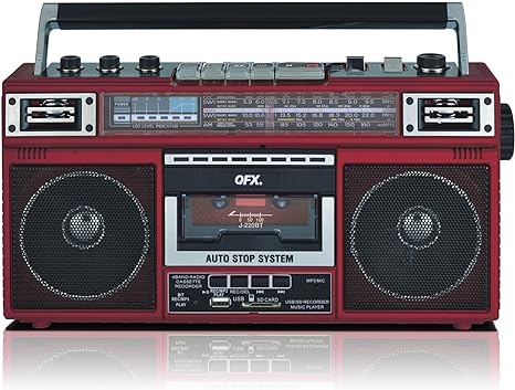 QFX J-220BT Red Boombox MP3 Conversion from Radio to Cassette with 4-Band (AM, FM, SW1, SW2) Radio with Bluetooth, Dual 3” Speakers, Built-in Microphone, Recorder, and a 3-Band Equalizer
