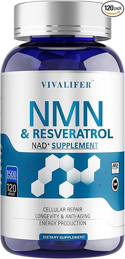 NMN Resveratrol 1500mg Per Serving, 99% Ultra Purity NMN and Trans-Resveratrol Supplement Enhanced Absorption, Promotes Anti-Aging, Skin Health and Promotes Immune - 120 Caps