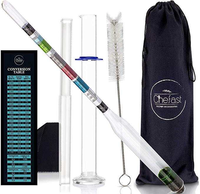 Chefast Hydrometer and Glass Test Jar for Wine, Beer, Mead and Kombucha - Combo Set of Brewing Hydrometer, Alcohol Test Tube, Cleaning Brush, Cloth and Storage Bag - ABV, Brix and Gravity Test Kit