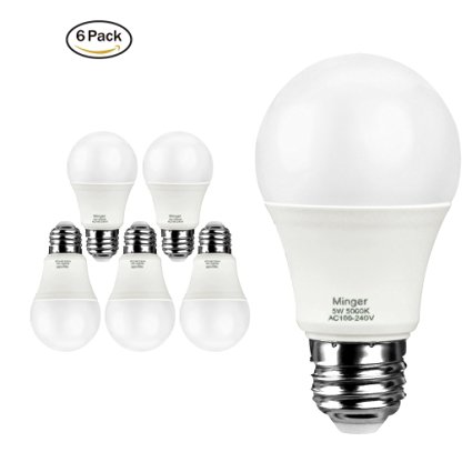 Minger 5W LED Light Bulb, A19 - 45Watt Equivalent Cold White (5000K) Light Bulb, 6-Pack