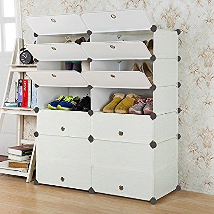 Unicoo - Multi Use DIY Plastic 10 Cube Shoe Rack ,Organizer, Bookcase, Shoes Cabinet (White Wood Grain )