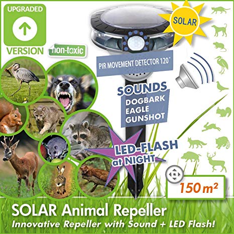 New PIR Bird Repeller Motion Activated with Flashing LED Light and Sound Repel Animal Bird Bat Pigeon for Garden/Yard/Farm/Balcony (Harmless)
