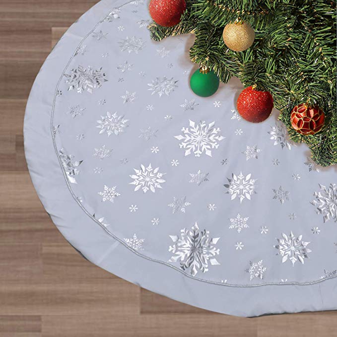 FLASH WORLD Christmas Tree Skirt,48 inches Large Xmas Tree Skirts with Snowy Pattern for Christmas Tree Decorations (White—Three Cotton Layer)