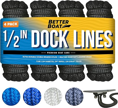 Boat Dock Lines & Rope Boat Ropes for Docking 1/2" Line Braided Mooring Marine Rope 25FT 1/2 Inch Nylon Rope Boat Dock Lines for Docking Boat Lines Boating Rope Braided with Loop Black 4 Pk