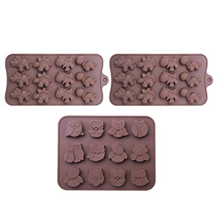 WARMWIND Silicone Chocolate Molds, FDA-Approved Candy, Ice Cube Molds, with Shape of Funny Dinosaur, Owl, Microwave, Refrigerator, Dishwasher Safe(Set of 3)
