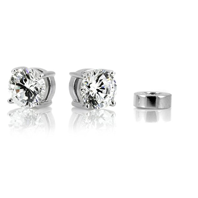 Silver Round Cut Clear Crystal Magnetic Cz Non Pierce Earrings No Holes In All Sizes 4-9MM With FREE Gift Box