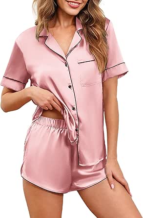 Ekouaer Womens Silk Satin Pajamas Set Short Sleeve Sleepwear Button Down Loungewear 2 Piece Pjs Shorts Set S-XXL