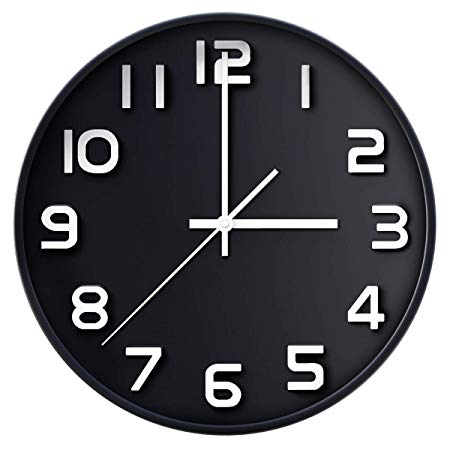Wall Clock 12 Inch Large Number 3D Silent Quartz Decorative Clocks Modern Round Clocks for Home Bedroom Kitchen School Office Black