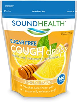 SoundHealth Sugar-Free Cough Drops, Cough Suppressant Throat Lozenge, Honey Lemon Flavor, 140 Count Bag