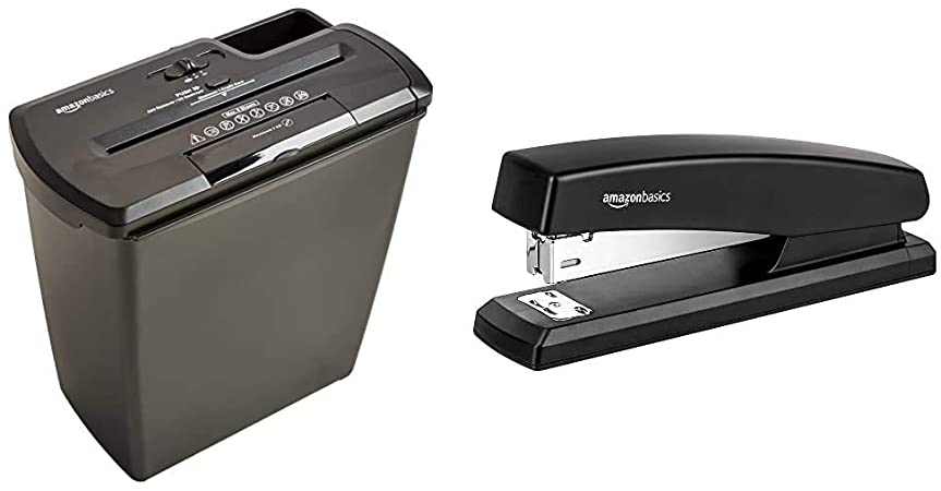 AmazonBasics 8-Sheet Strip-Cut Paper, CD and Credit Card Home Office Shredder & 10-Sheet Capacity, Non-Slip, Office Stapler with 1000 Staples, Black