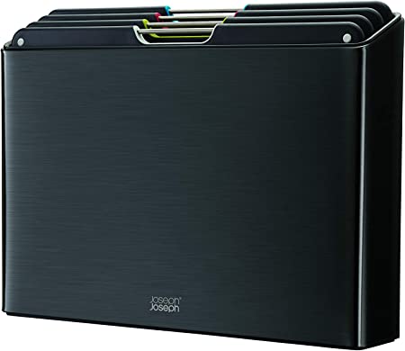 Joseph Joseph Folio Steel 4-piece chopping board set – Carbon Black, with stand, non-slip boards