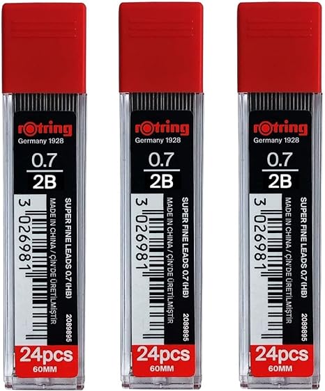 rOtring 0.7mm 2B Super Polymer Pencil Lead Refills for Mechanical Pencils - 72 Leads in Total - Pack of 3 Tubes