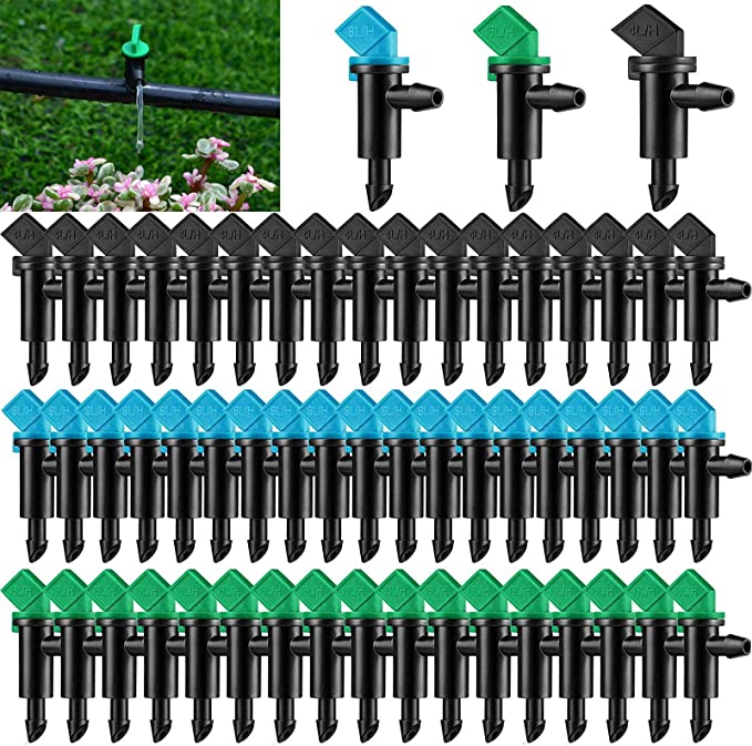 60Pcs Irrigation Drip Emitter, HOINCO 3 Sizes Garden Flag Irrigation Dripper Emitter, for Lawn, Trees, Shrubs,Garden (1 GPH Black,2 GPH Blue,4 GPH Green)