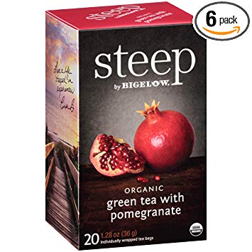 Steep by Bigelow Organic Green Tea with Pomegranate 20 Count (Pack of 6) Organic Caffeinated Individual Green Tea Bags, for Hot Tea or Iced Tea, Drink Plain or Sweetened with Honey or Sugar