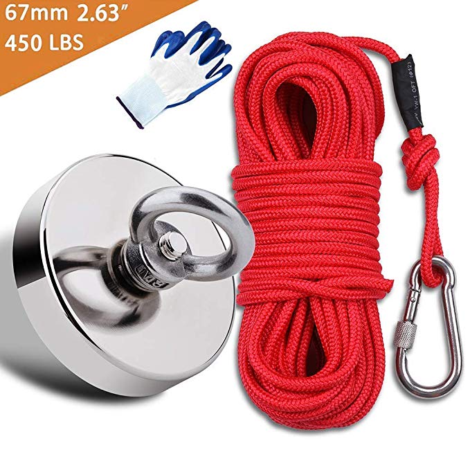 EVISWIY Fishing Magnets Kit Dia. 67mm 2.63" 450LBS with Rope 64FT Carabiner Glove Large Strong Rare Earth Neodymium N52 Magnets for Magnet Fishing Treasure Hunting Underwater Retrieving