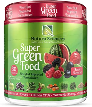 100% Natural Greens Powder, Over 10 Hard to Get Superfoods, Greens Supplement Powder 1 Month's Supply, Green Organic Blend with 1 Billion CFU Probiotics and 500mg Turmeric, Berry Flavor