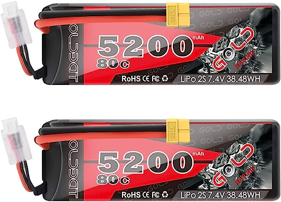 GOLDBAT 5200mAh 80C 2S 7.4V RC LiPo Battery Hard Case with XT60 Plug for RC Evader BX Car RC Truck RC Truggy Racing (2 Pack)