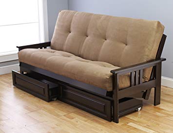 Jerry Sales Queen or Full Size Excelsior || Espresso Futon Frame w/ 8 Inch Innerspring Mattress Sofa Bed Wood Futons (Peat Matt, Frame, Drawers (Full Size))