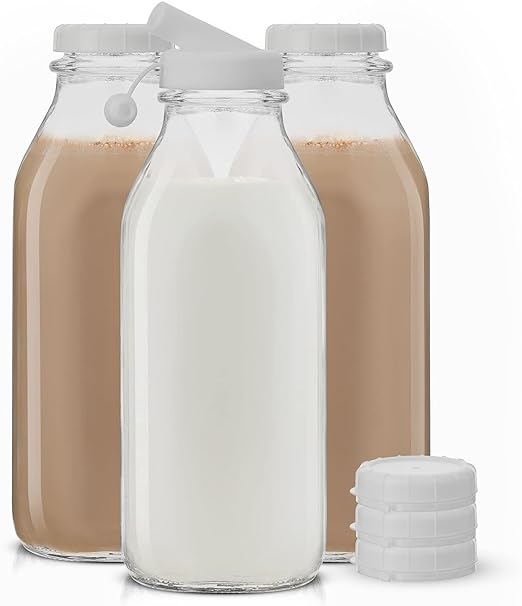 Glass Milk Bottle with Lid AND Pourer Multi-Pack. 32 Oz Reusable Glass Bottles with 6 Lids! Glass Milk Jug Pitcher, Buttermilk, Water or Juice Bottles with Caps, Syrup, Honey or Sauce Container