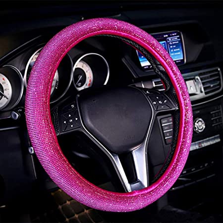 ZHOL Diamond Cover All Surfaces,Steering Wheel Cover with Bling Bling Crystal Rhinestones, Universal Fit 15 Inch Anti-Slip Wheel Protector, Pink