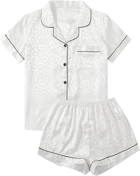 Verdusa Women's 2pc Satin Nightwear Button Front Sleepwear Short Sleeve Pajamas Set, Leopard White, Small