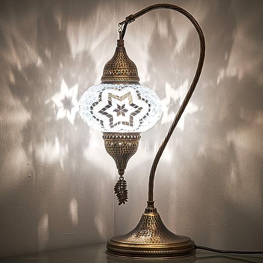 Turkish Moroccan Tiffany Style Handmade Colorful Mosaic Table Desk Bedside Night Swan Neck Lamp Light Lampshade with Hammered Metal Body and Hanging Metal Leaf, White Clear, 19"