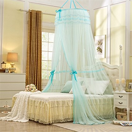 Round Hoop Princess Girl Pastoral Lace Bed Canopy Mosquito Net Fit Crib Twin Full Queen Bed Light Blue