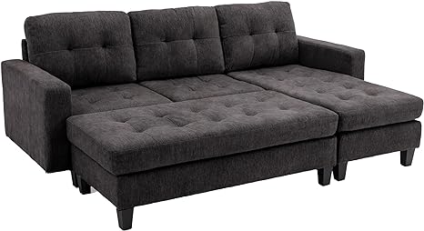 Casa Andrea Milano Modern Convertible, Chenille Fabric L-Shaped, 3-Seat Sofa Sectional Couch Set w/Chaise Lounge, Ottoman Coffee Table Bench, Compact, Grey