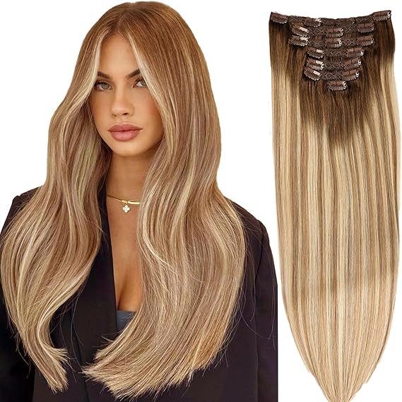 Hair Extensions - Real Human Hair ，Clip Ins Soft & Natural Human Hair Extensions Clip Ins For Women 120g 7pcs Clip In Hair Extensions Real Human Hair Straight&Invisible (20 Inch, #T9/P9/613)