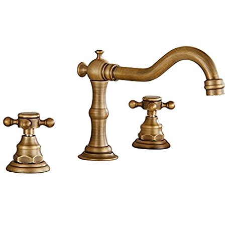 Votamuta Deck Mounted Three Holes Double Handles Widespread Bathroom Sink Faucet, Antique Brass Finished
