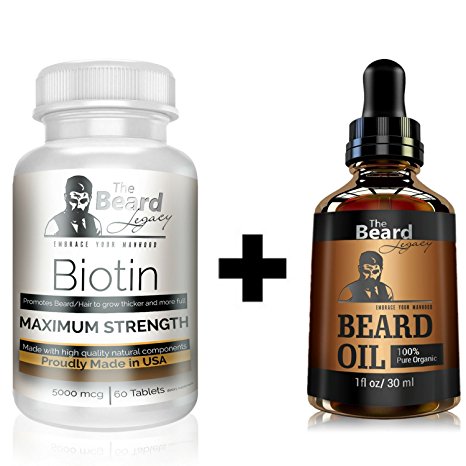 BEARD GROWTH FORMULA - Biotin #1 Beard Growth Supplement   Beard Oil Unscented Combo Pack. Fastest Hair Growth & Smooth, Healthy Facial Hair & Skin by The Beard Legacy.