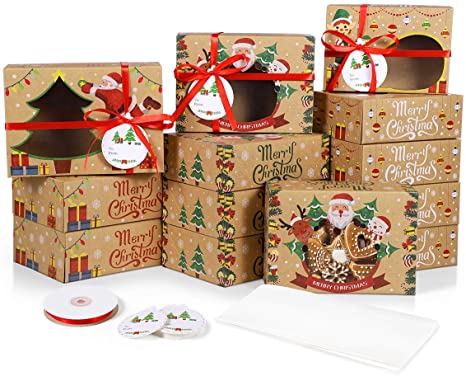 24Pcs Christmas Cookie Boxes, 3 Sizes Kraft Paper Christmas Food Bakery Treat Boxes With Window, Baking Parchment Paper and Ribbons for Candy Cookie Doughnut Xmas Holiday Gift-Giving