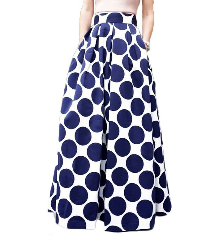Persun Women White Blue Contrast Polka Dot Print Maxi Skater Skirt