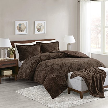 Comfort Spaces - Odessa Comforter Set   Long Fur Throw Combo - 4 Piece - Chocolate - Snugly Warm and Ultra Soft - Full/Queen Size, Includes 1 Comforter, 2 Shams